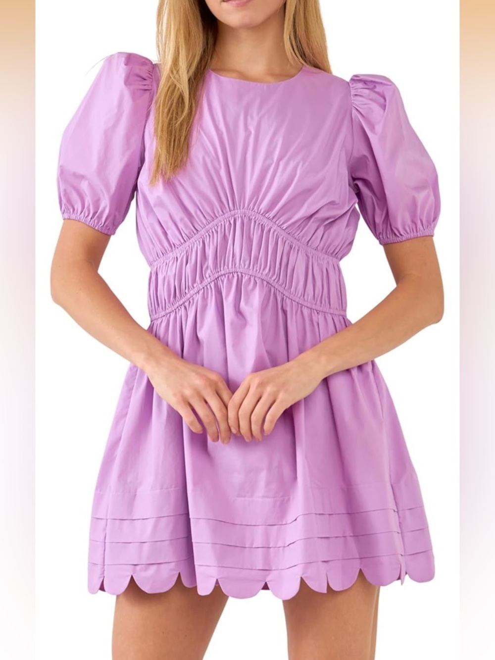 English Factory Lilac Scallop-Hem Puff Sleeve Mini Dress - Picture 2 of 16